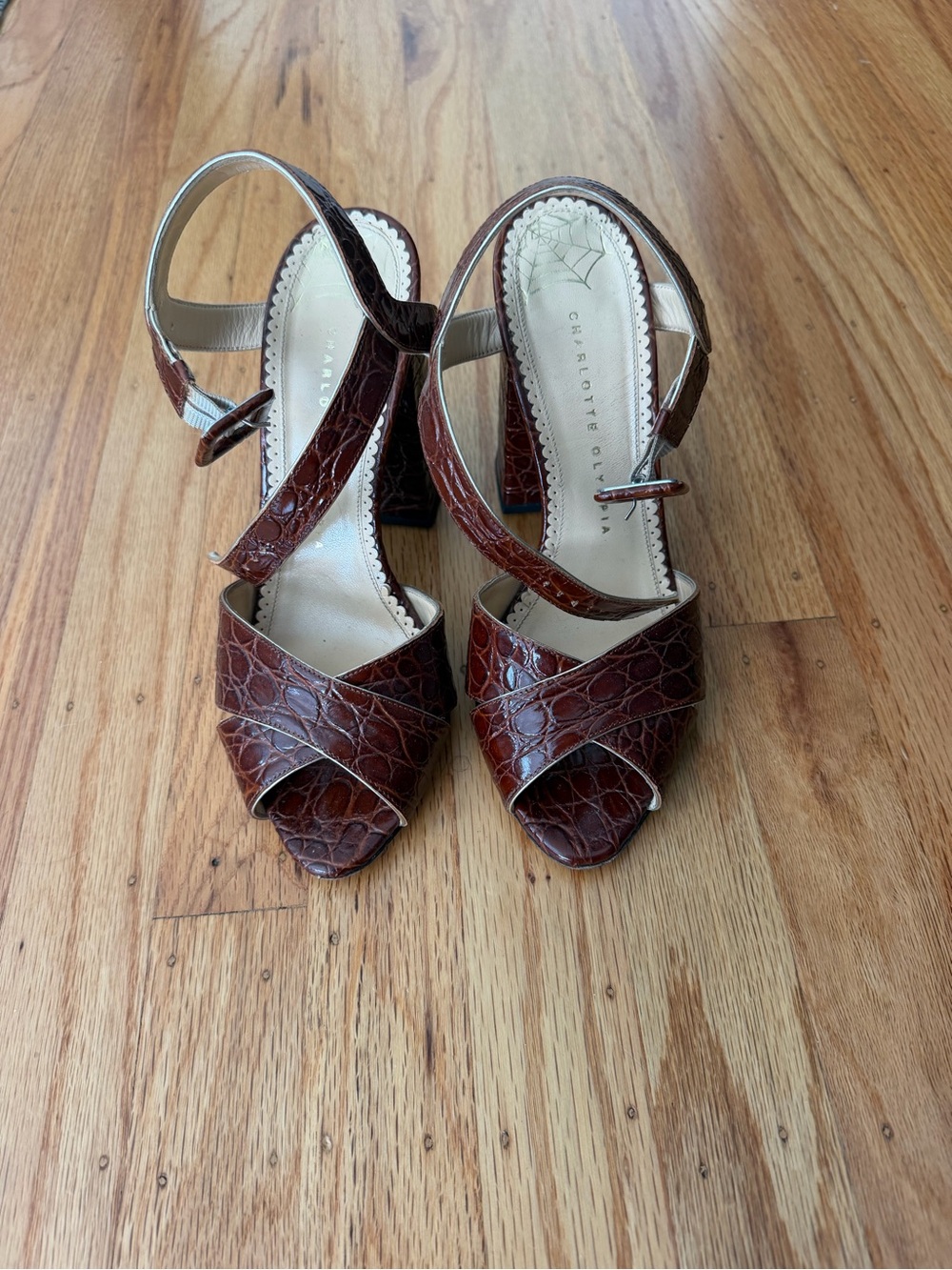 Charlotte Olympia Brown Croc-Embossed Leather Block Heel Sandals